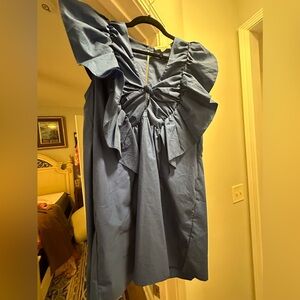 Blue Mini Anthropoligie (Blue Tassel) Dress w/ Knot Front, Pockets Ruffle Sleeve